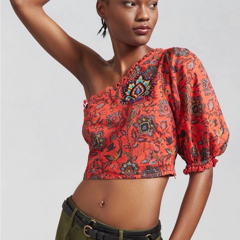 FARM Rio Red Patterned One-Shoulder Crop Top